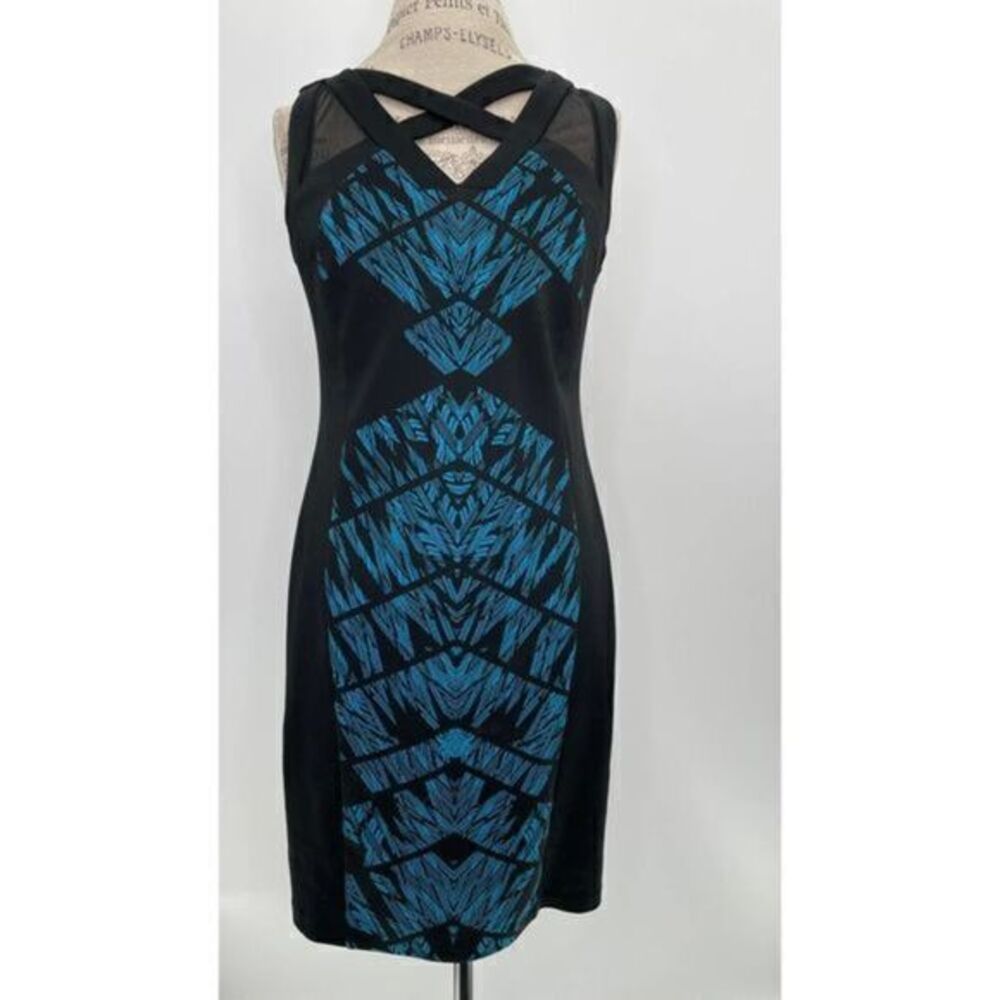 THALIA SODI Black and Blue Patterned Dress MEDIUM